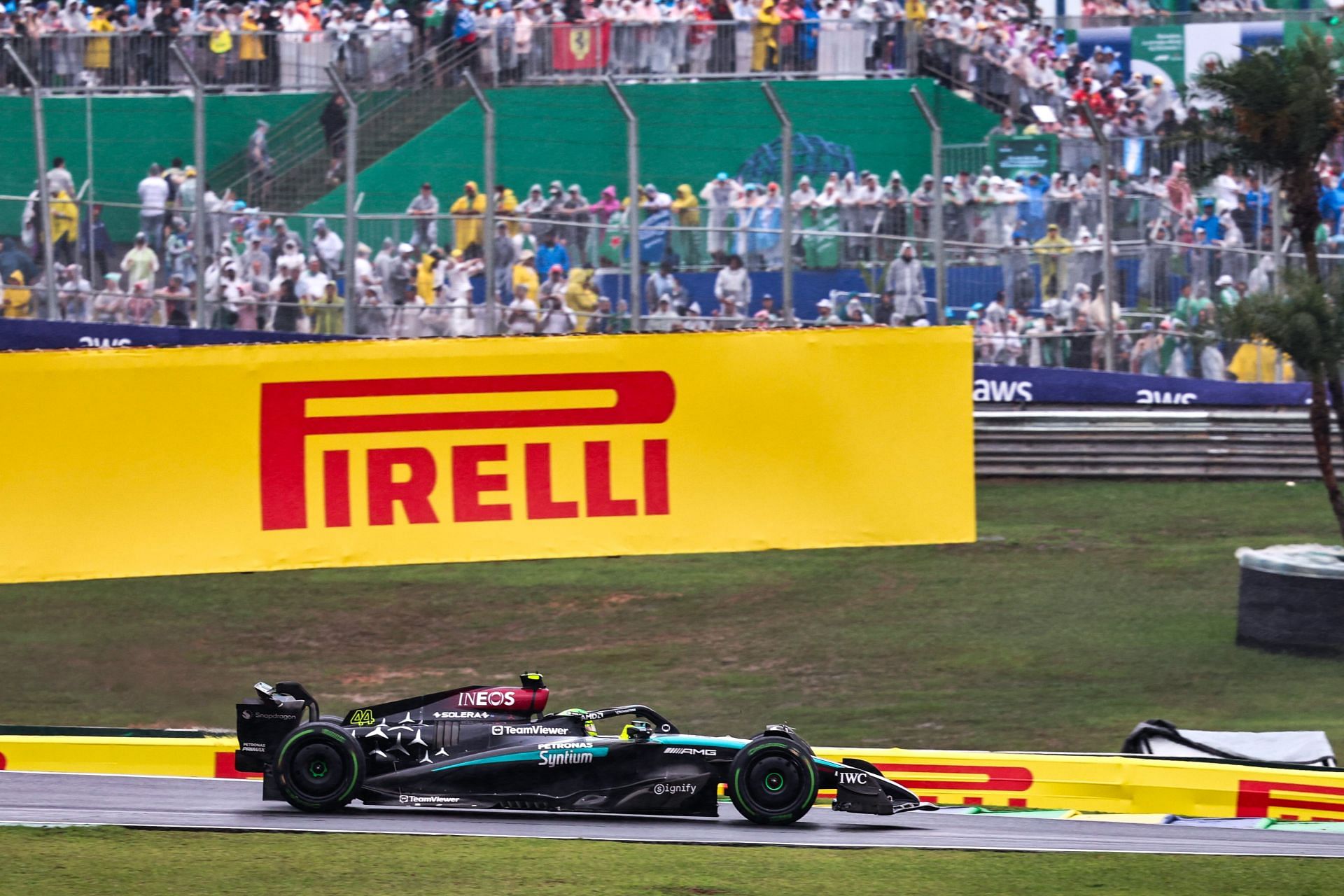 Lewis Hamilton of the UK driving his Mercedes F1 car at the F1 Grand Prix of Brazil (Source: Getty Images)