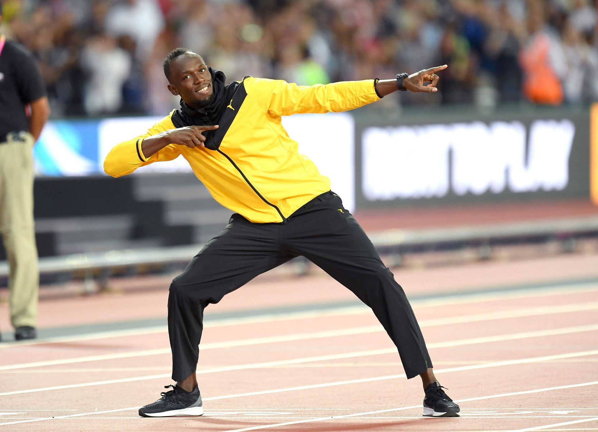 Usain Bolt&#039;s iconic pose at the VIP&#039;s Attend The IAAF World Athletics Championships - (Source: Getty)