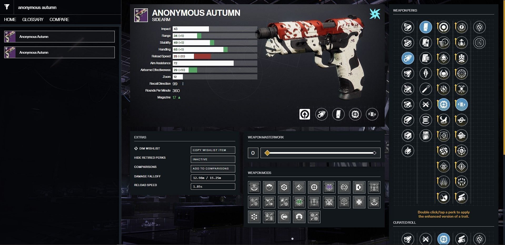 Anonymous Autumn PvE god roll (Image via Bungie/D2 Gunsmith)