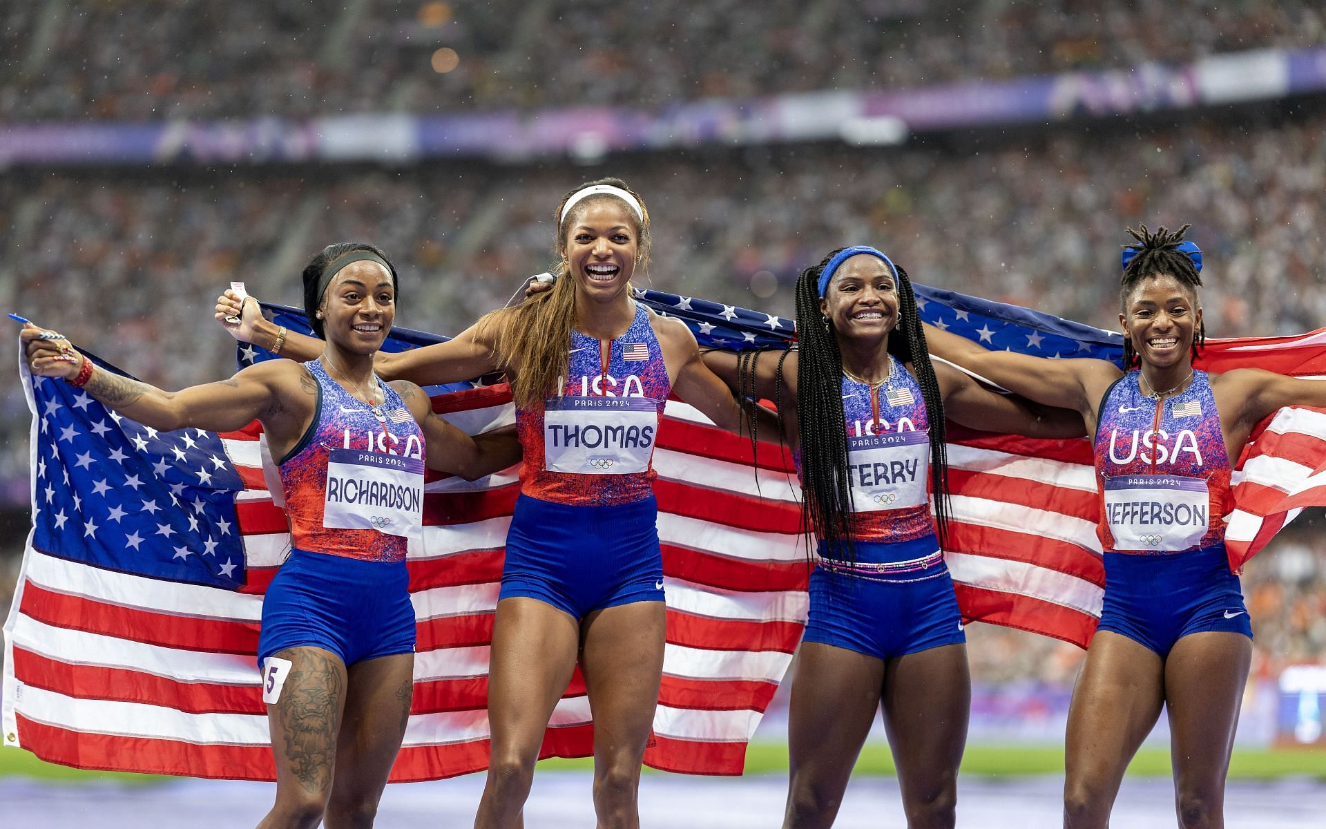 Richardson and Thomas after winning the 4x1100m relay at the Olympic Games-Paris 2024 - (Source: Getty)