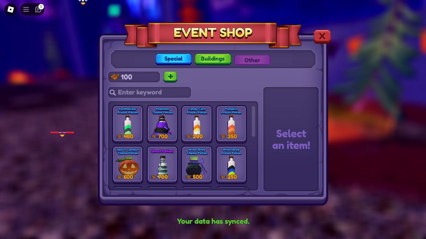 Archived Dragon Adventures Halloween event shop with special items and potion listings