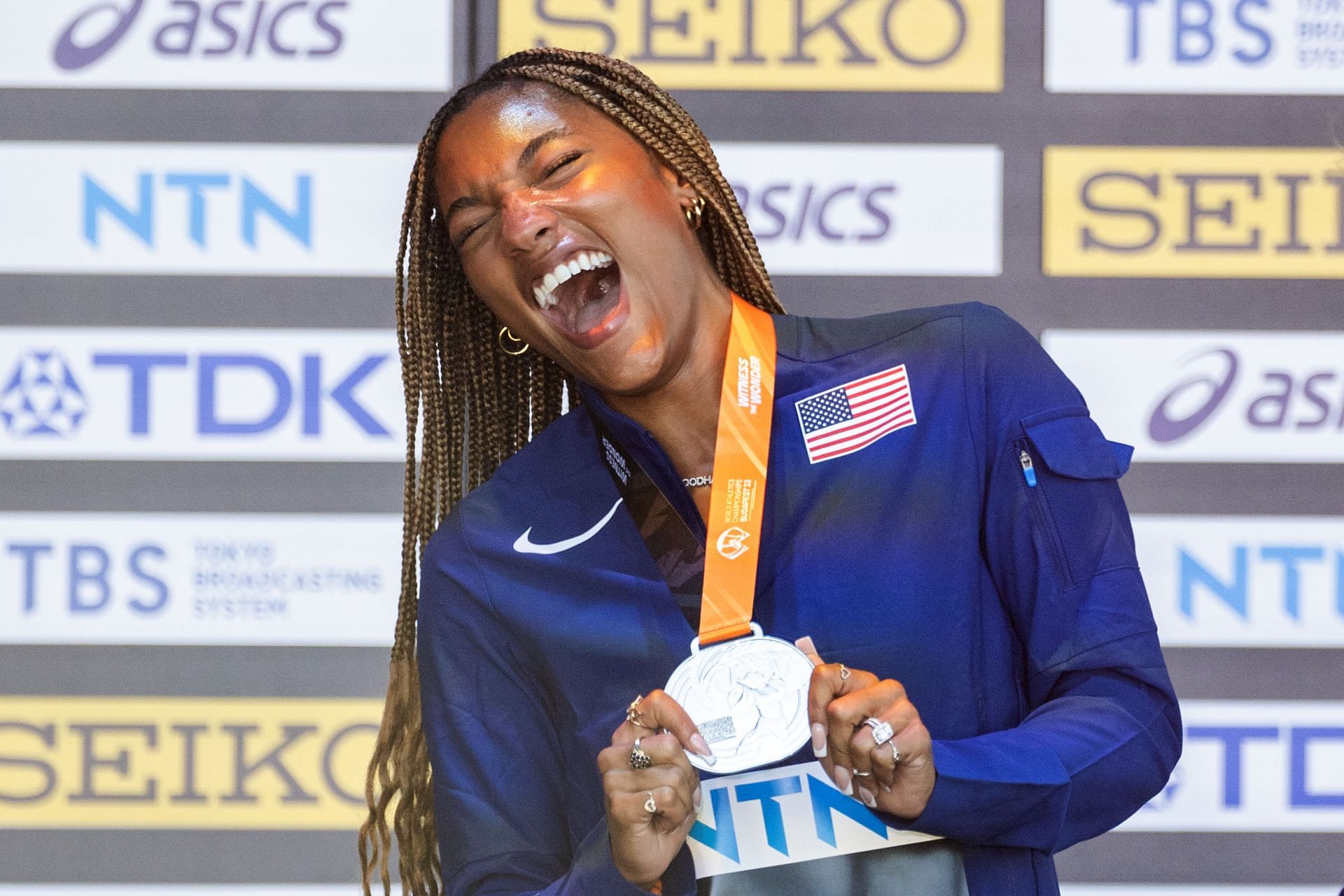 Davis-Woodhall with her silver medal at the 2023 World Championships in Budapest (Image via Getty Images)