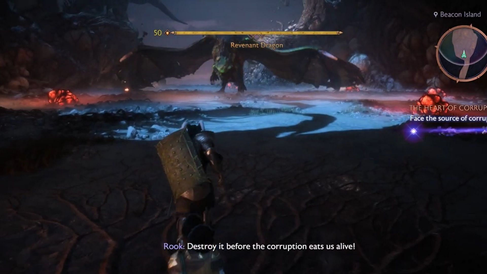 The battle with the Revenant Dragon can see a favor from Mythal be cashed in (Image via EA/Youtube@TrophyGamers)