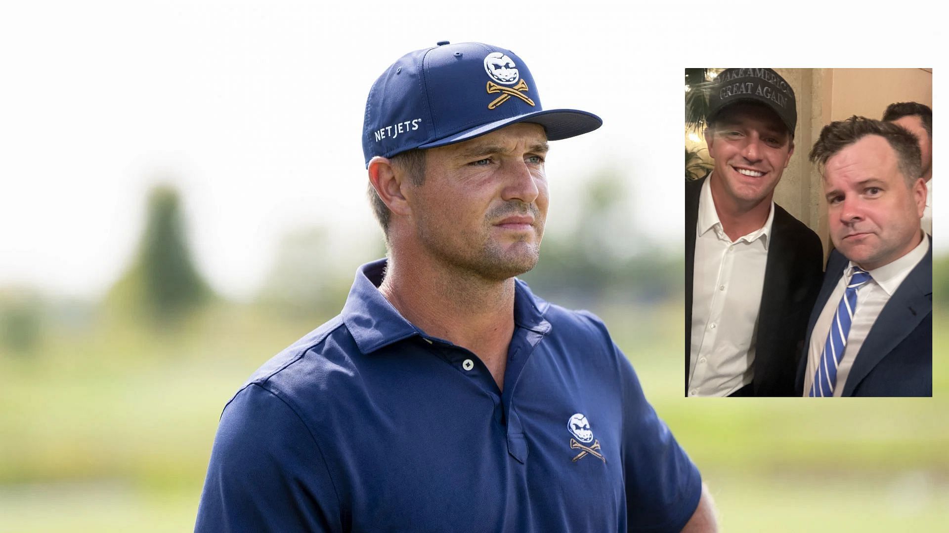 Bryson DeChambeau spotted in a &lsquo;dark MAGA&rsquo; hat amid the elections (Images via Getty and @DBTTofficial/X)