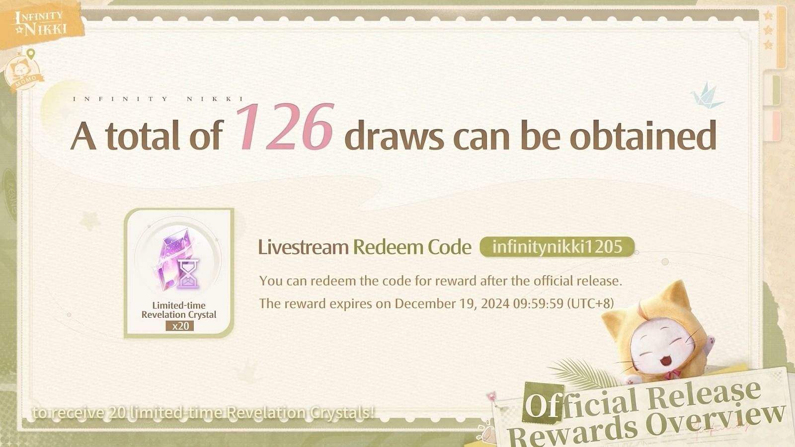 The Infinity Nikki redeem code as was revealed in the livestream (Image via InFold Games)