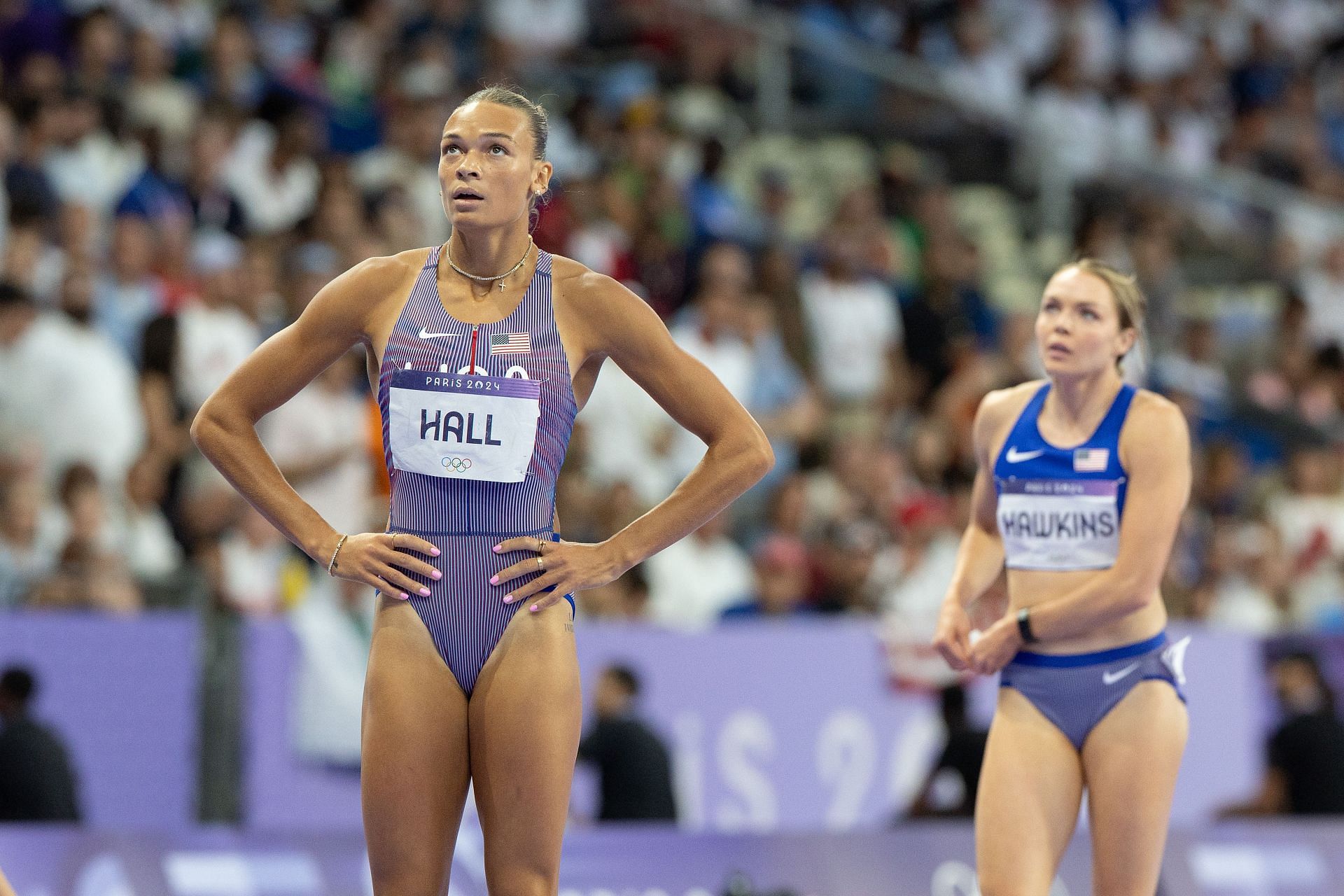 Hall (left) during her heptathlon 100m hurdles event at the 2024 Summer Olympics (Image via: Getty Images)