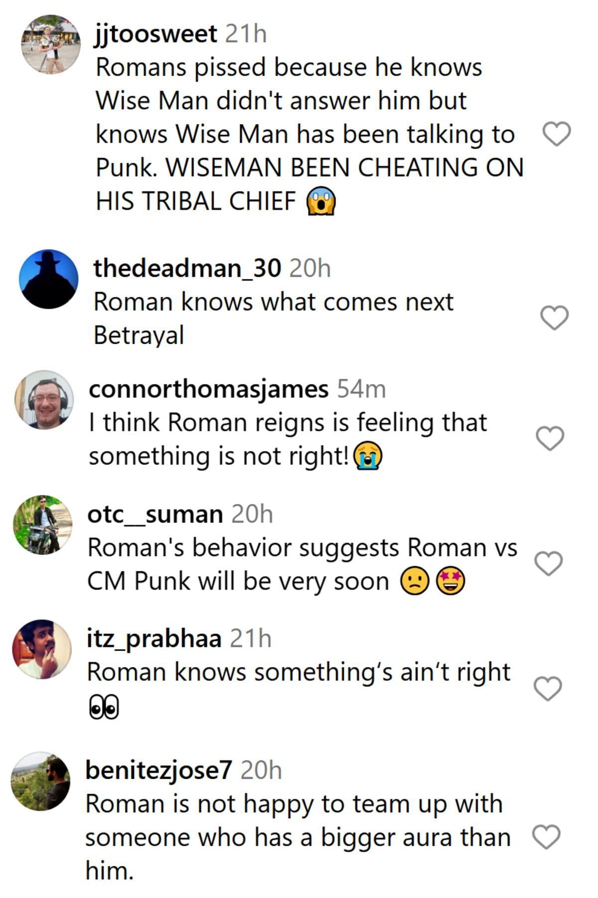 Fans react to Roman Reigns&#039; reaction to CM Punk and The Usos. [Photo: Comments from WWE&#039;s Instagram post]