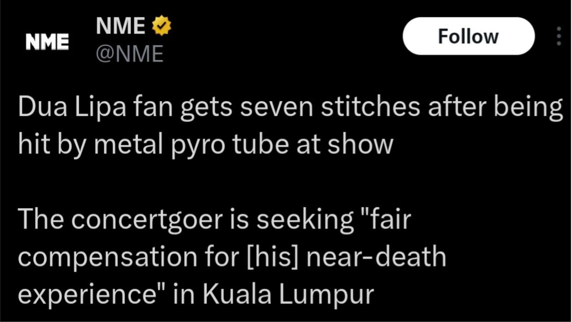 A fan was injured at Dua Lipa&#039;s second show in Kuala Lumpur. (Photo via @NME/X)