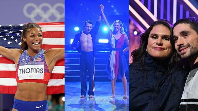 Gabby Thomas gets emotional as she watches Stephen Nedoroscik and Ilona Maher perform in Dancing With the Stars Finale