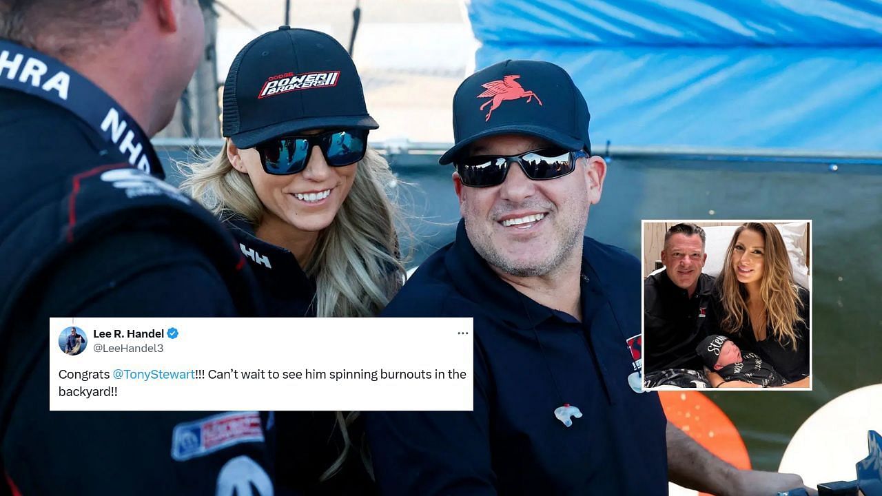 Fans reacted to Tony Stewart Racing Nitro dropping a heartwarming photo of the new family of three (via Getty, @LeeHandel3 on X and Tony Stewart Racing Nitro/X)