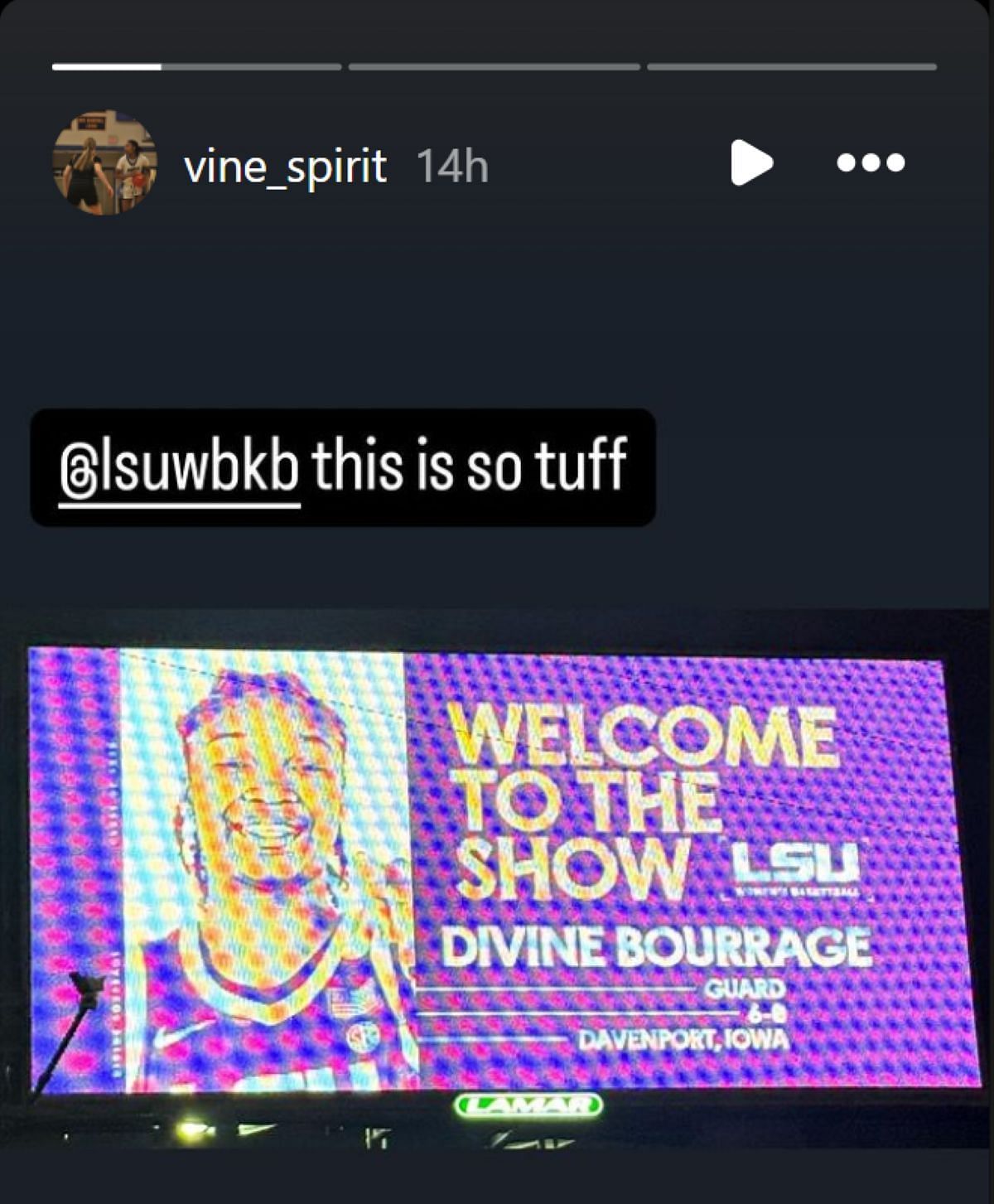 Elite recruit Divine Bourrage shares a 4-word reaction to a warm welcome by Kim Mulkey&#039;s LSU on gameday (Image via vine_spirit/Instagram)