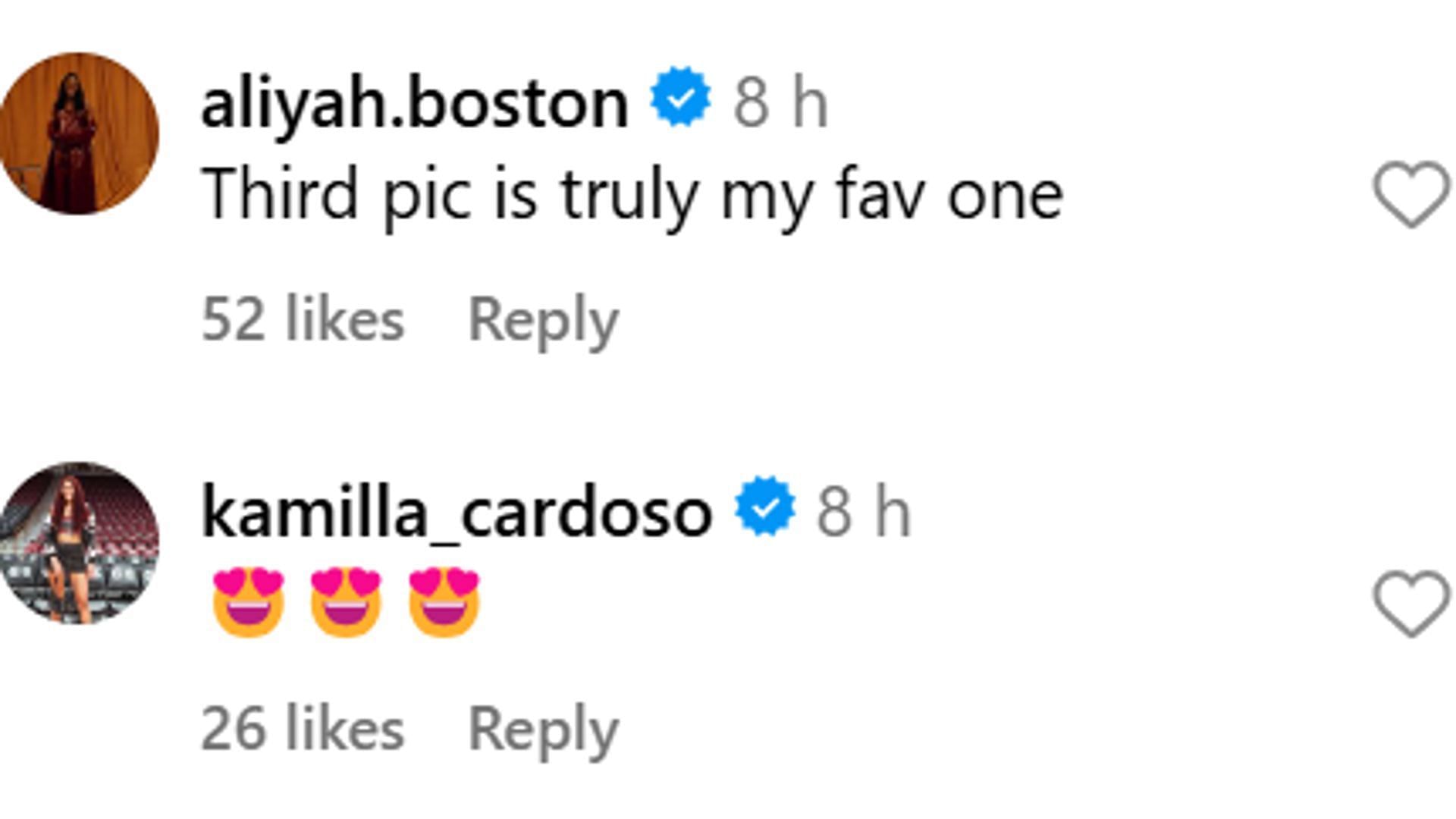 Aaliyah Boston and Kamilla Cardoso shared kind reactions to Chloe Kitts&#039; post.