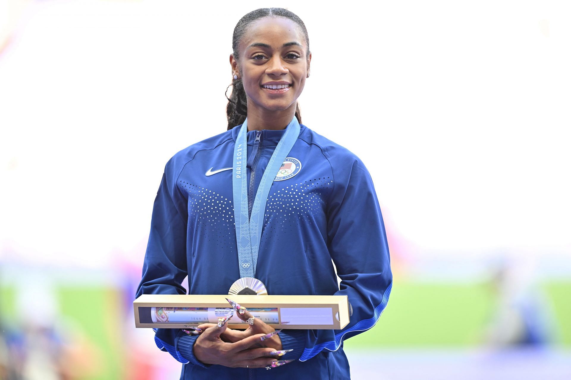 Sha&#039;Carri Richardson of USA during the women&#039;s 100 meter medal ceremony at the Olympic Games 2024 in Paris, France. (Photo via Getty Images)