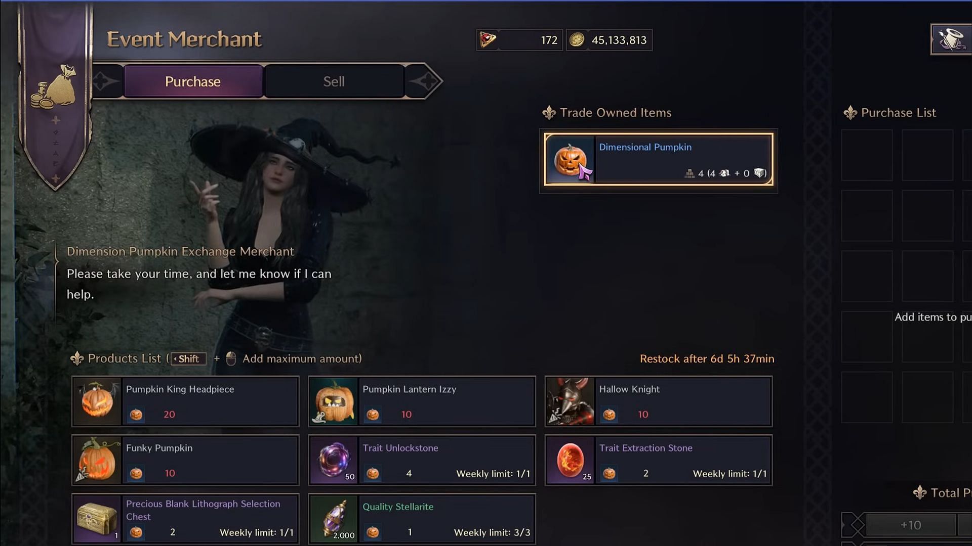 Dimension Pumpkin Exchange Merchant items tab (Image via NCSoft || YouTube/ArzyeL Gaming)