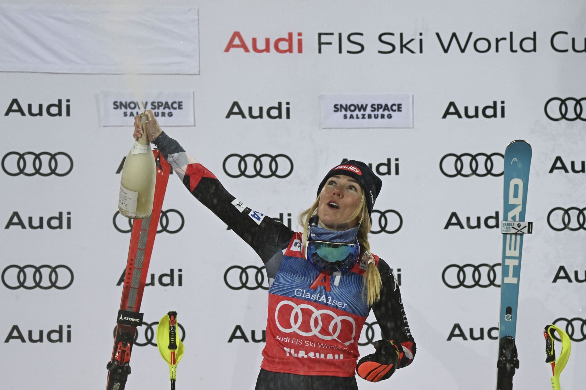 Mikaela Shiffrin reacts to her win at the 2023/24 Audi FIS Alpine Ski World Cup - Women&#039;s Slalom - (Source: Getty)