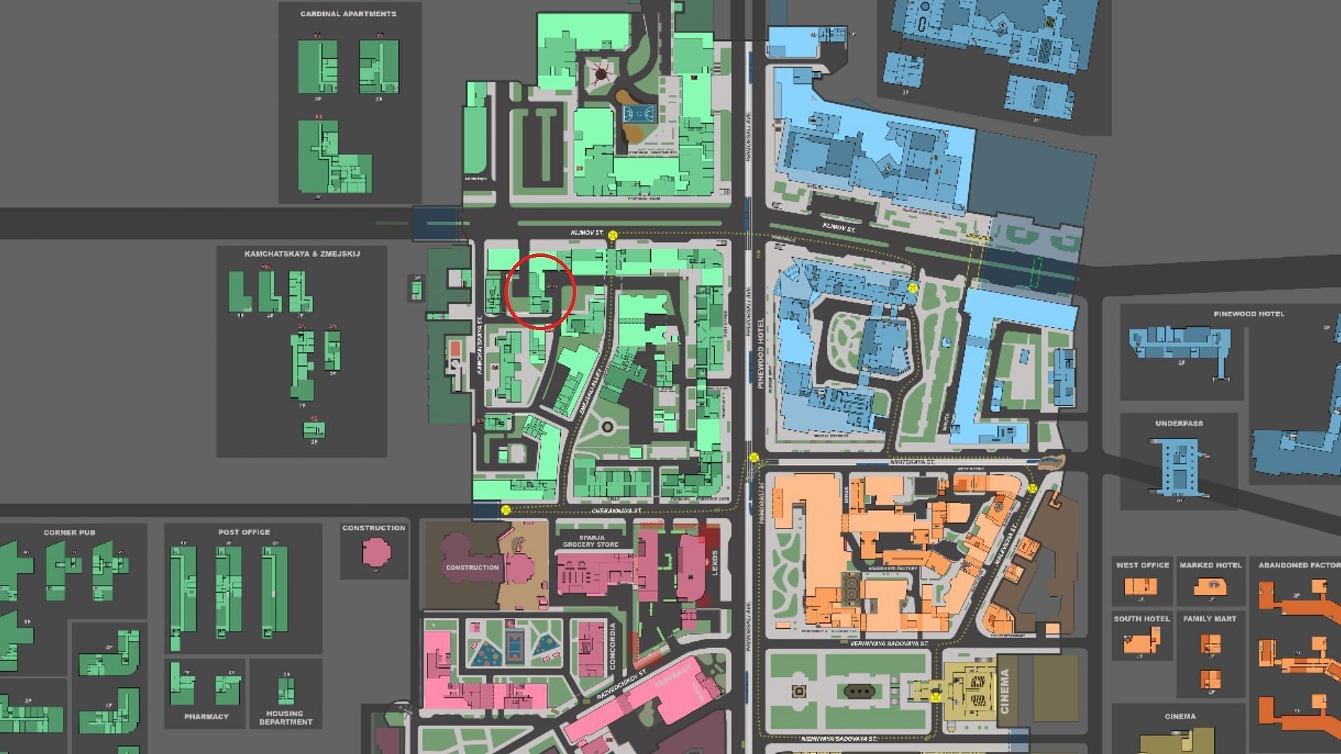 Location of the Killmov St 16a building on Streets of Tarkov (Image via Battlestate Games II Tarkov Wiki)