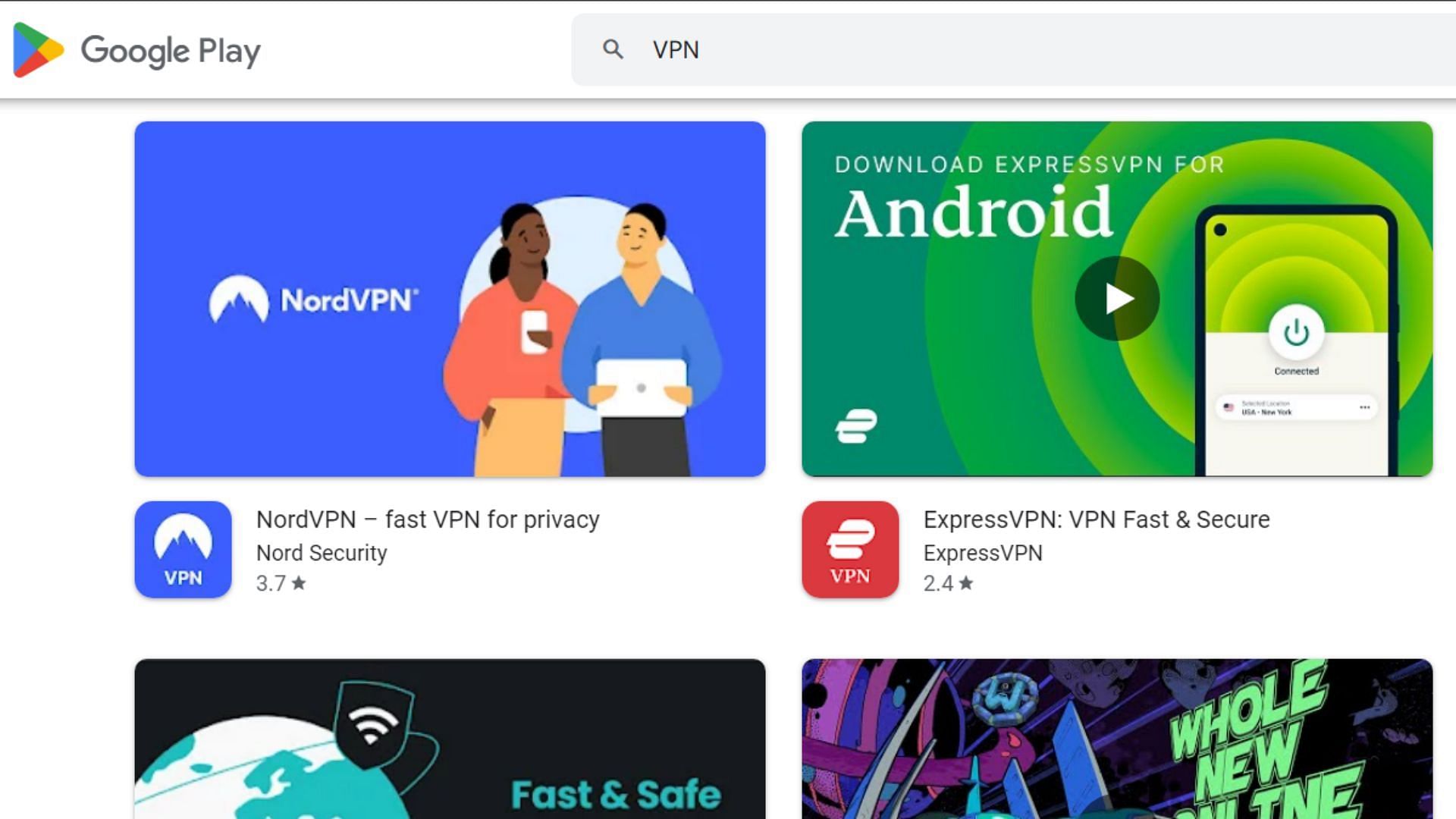 Browsing VPNs on the Google Play Store (Image via Google Play Store)