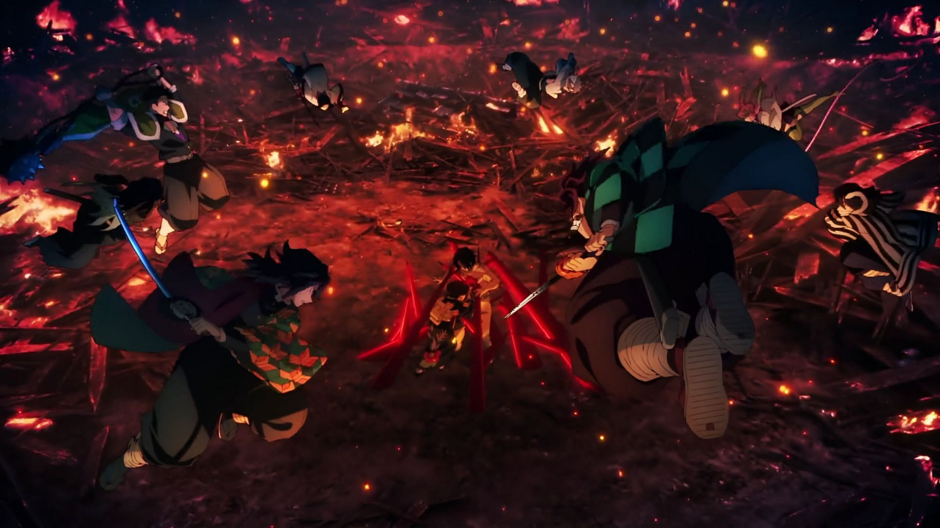 The Hashiras and Tanjiro attacking Muzan (Image via Ufotable)