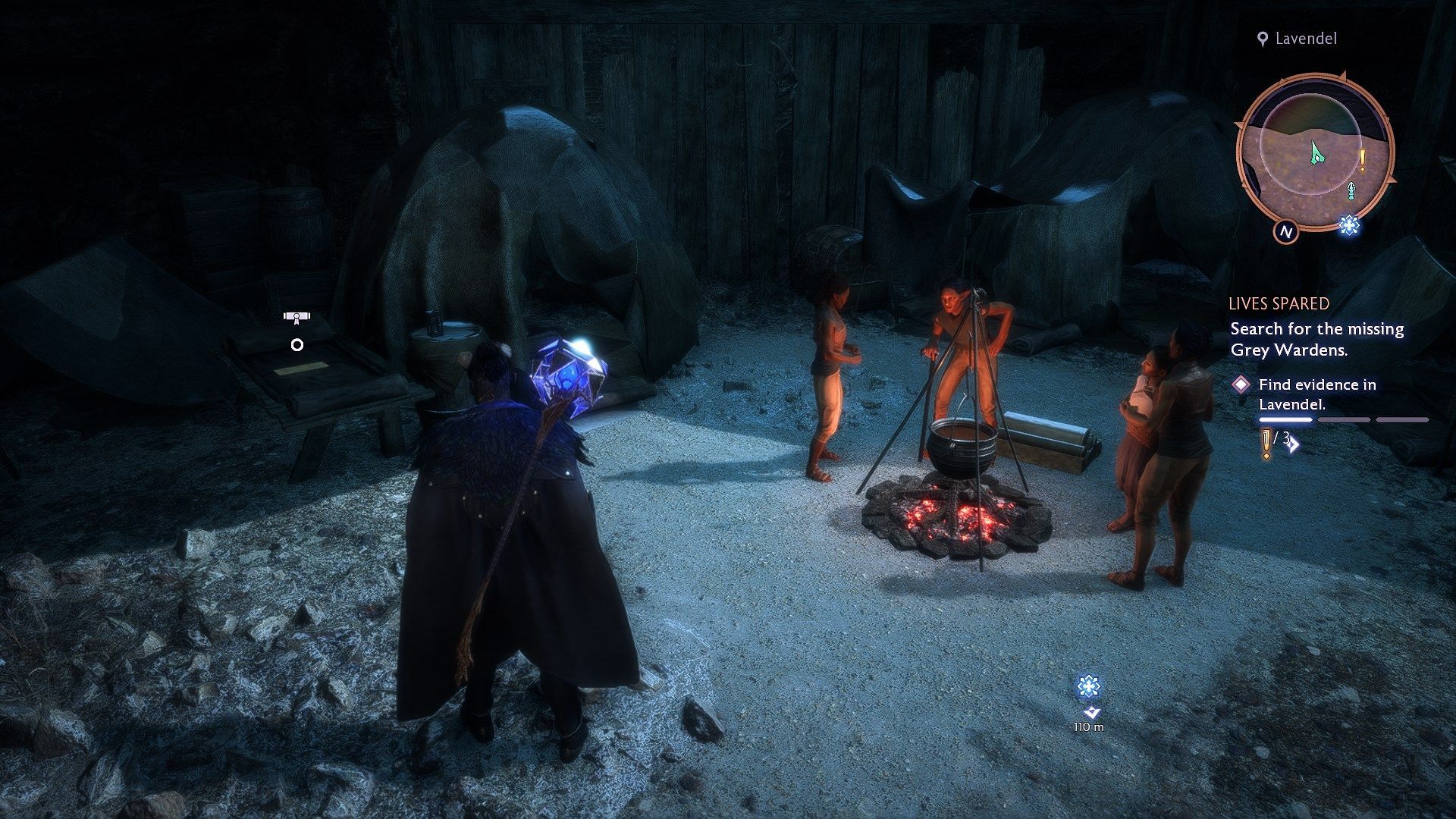 Find the second evidence beside a group gathered around a fire (Image via Electronic Arts)