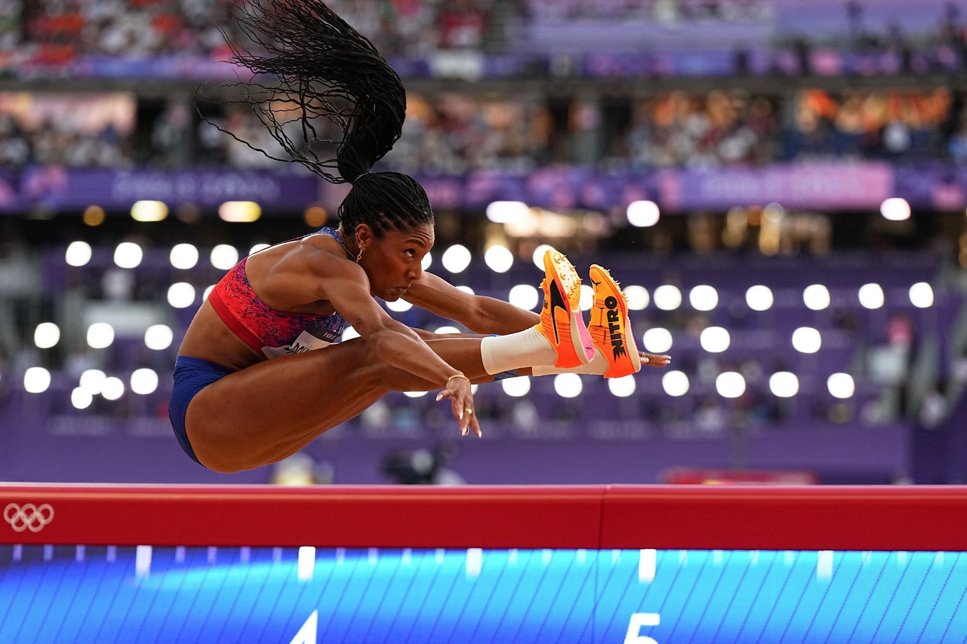 Tara Davis-Woodhall in action during the women&#039;s long jump finals at the Paris Olympics 2024 [Image Source : Getty]