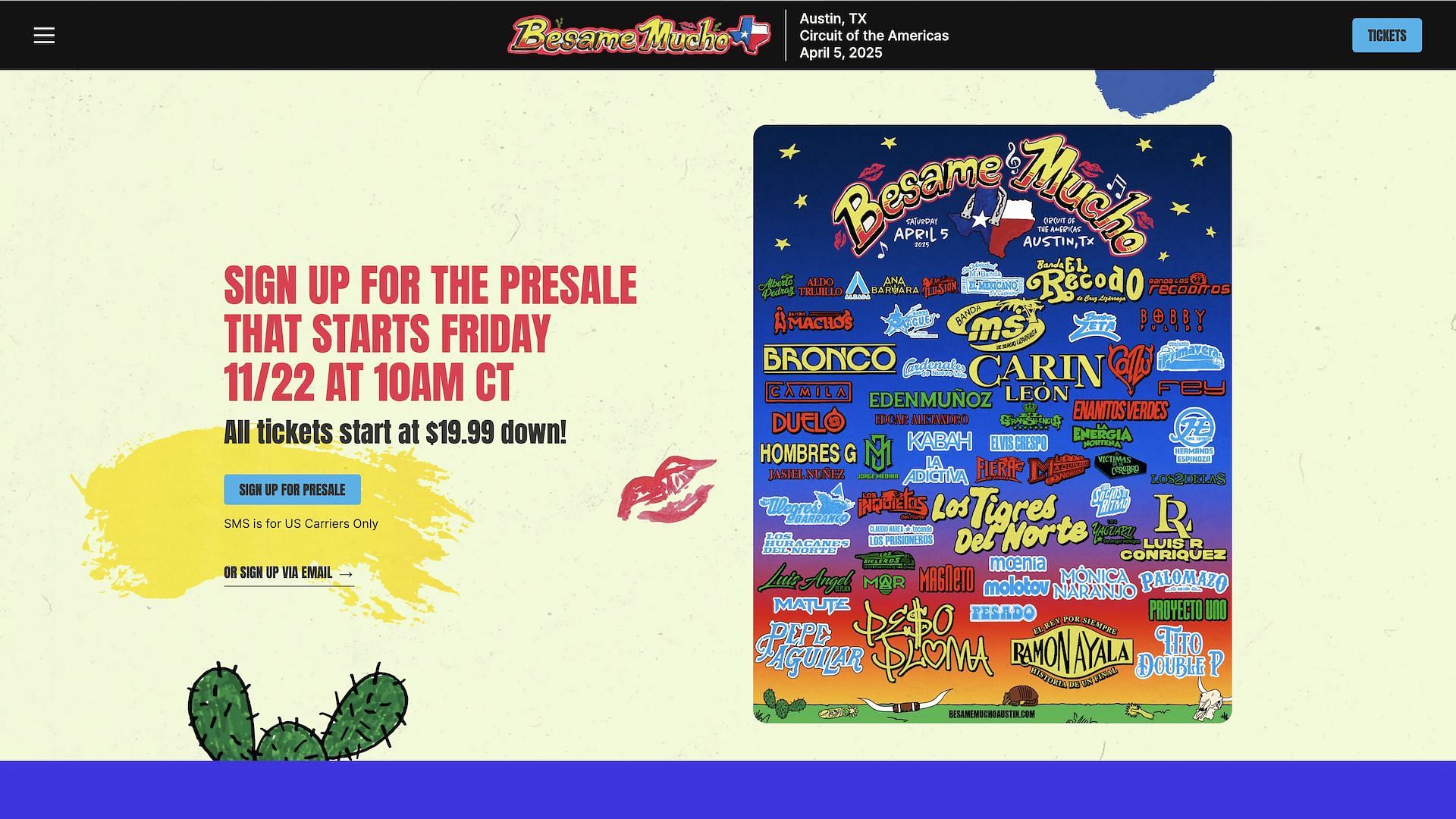 Screenshot of the official website for Besame Mucho Festival&#039;s scheduled pre-sale event (Image via besamemuchoaustin.com)