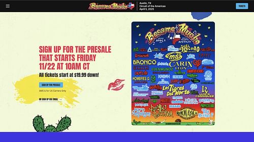 Screenshot of the official website for Besame Mucho Festival's scheduled pre-sale event (Image via besamemuchoaustin.com)