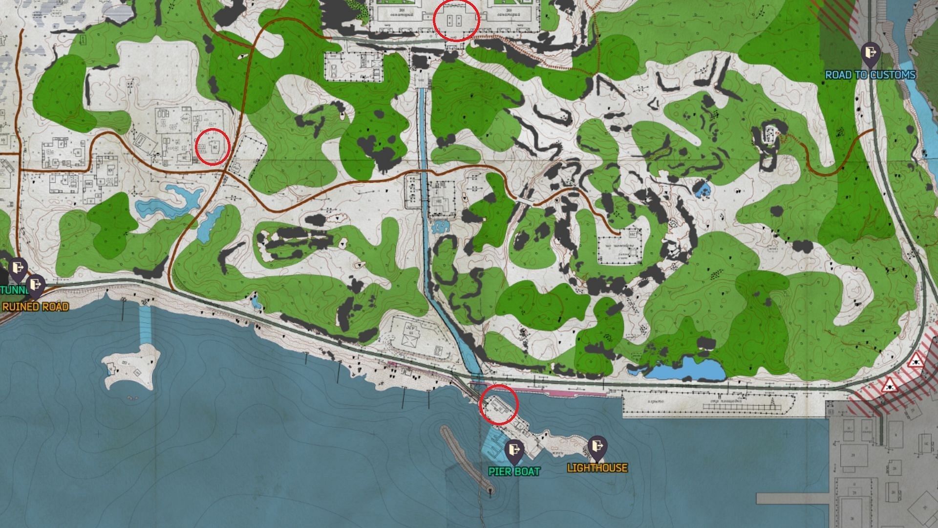 Location of the three trading posts on Shoreline (Image via Battlestate Games II Map Genie)