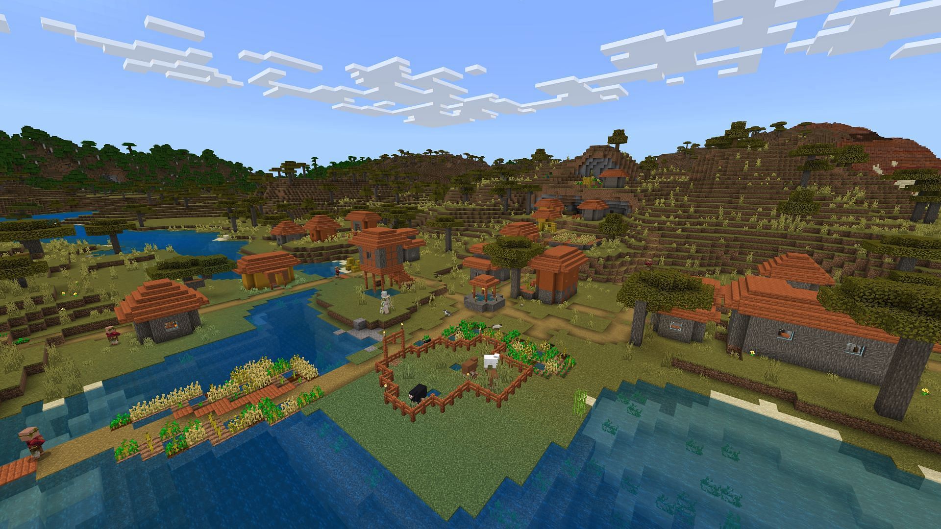 This village is strategically located next to a river and a dense forest (Image via Mojang Studios)