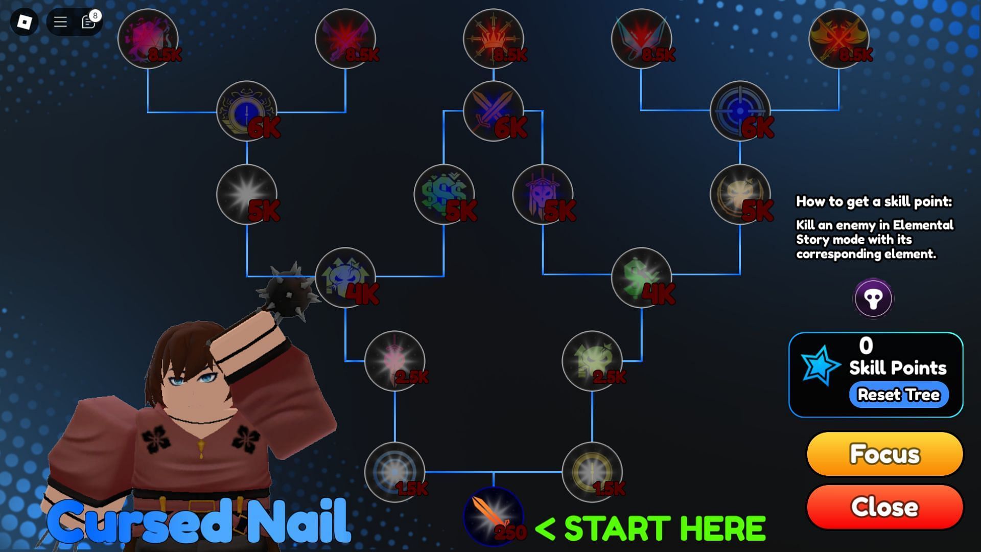 Invest Skill Points to progress in the Skill Tree. (Image via Roblox)