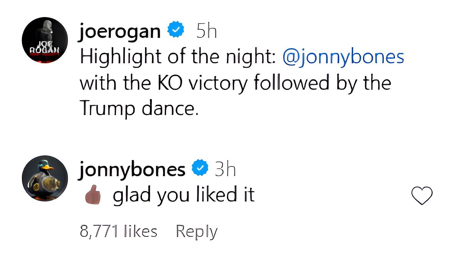 Jon Jones&#039;s comment on Joe Rogan&#039;s Instagram post. [Screenshot Courtesy: @joerogan on Instagram]