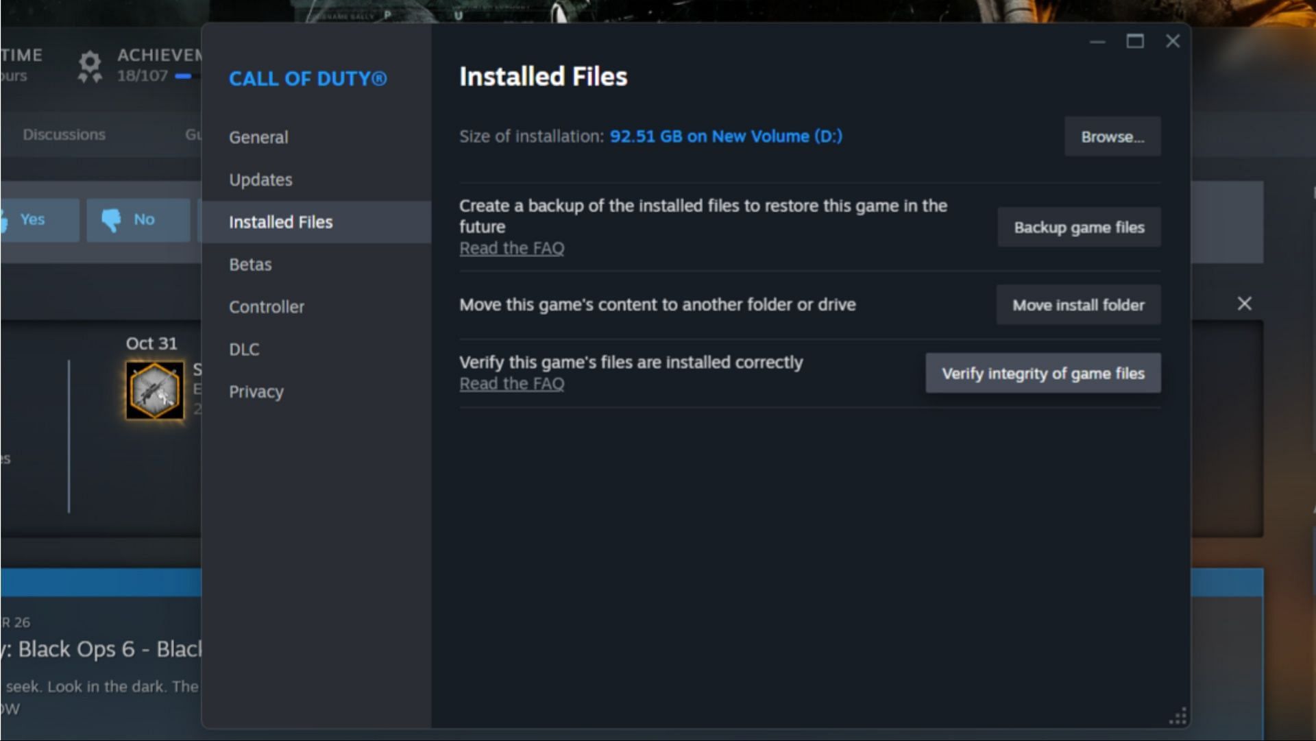 Verifying Integrity of the Black Ops 6 files on Steam (Image via Steam)