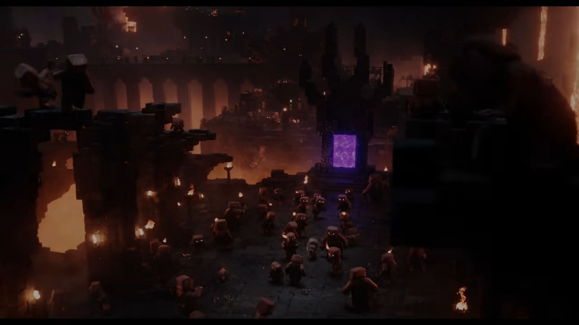 The nether has been recreated faithfully in the Minecraft Movie official trailer (Image via YouTube/Warner Bros)