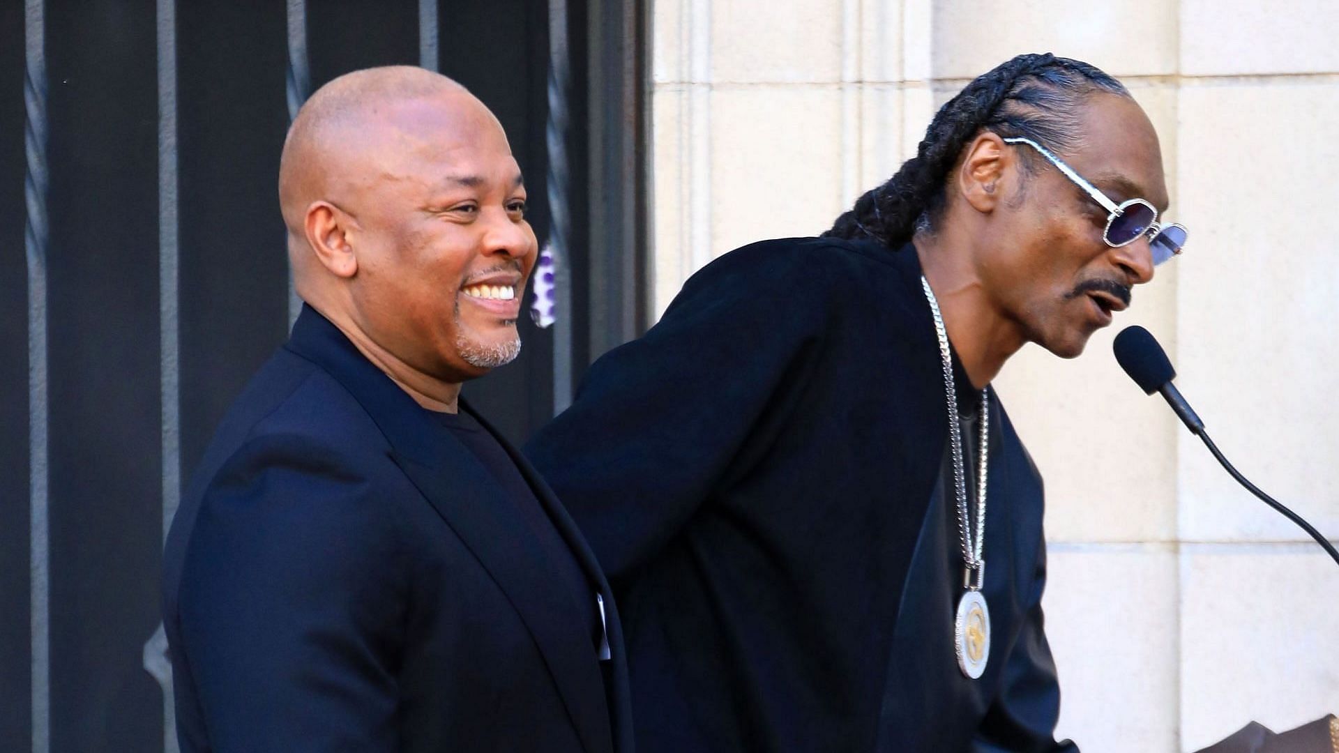 Dr. Dre and Snoop Dogg are seen attending the Hollywood Walk of Fame Star Ceremony honoring Dr. Dre on March 19, 2024 in Los Angeles, California. (Photo by ZZHollywood To You/Star Max/GC Images)