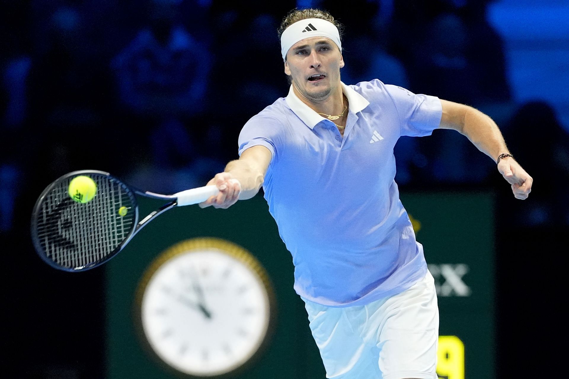 Alexander Zverev plays a forehand at ATP Finals 2024