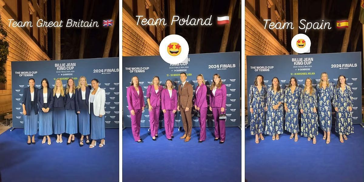 Great Britain, Poland, and Spain BJK Cup teams at reception gala (via Billie Jean King Cup Instagram stories /@billiejeankingcup)