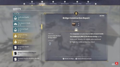 The Bridge Construction Report is a side quest given to you by the Carpenter (Image via Keen Games | YouTube/@DeLindsay Gaming)