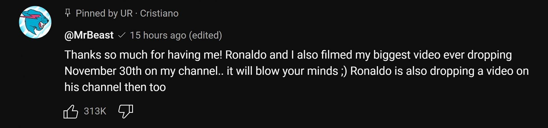 Jimmy&#039;s comment posted under Cristiano Ronaldo&#039;s most recent collaboration with him (Image via @cristiano/YouTube)