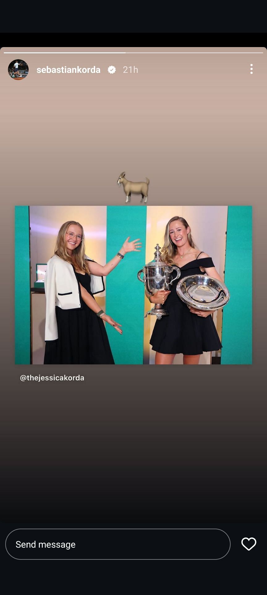 Sebastian Korda&#039;s Instagram stories post celebrating Nelly with Jessica (Image: Instagram @sebastiankorda)