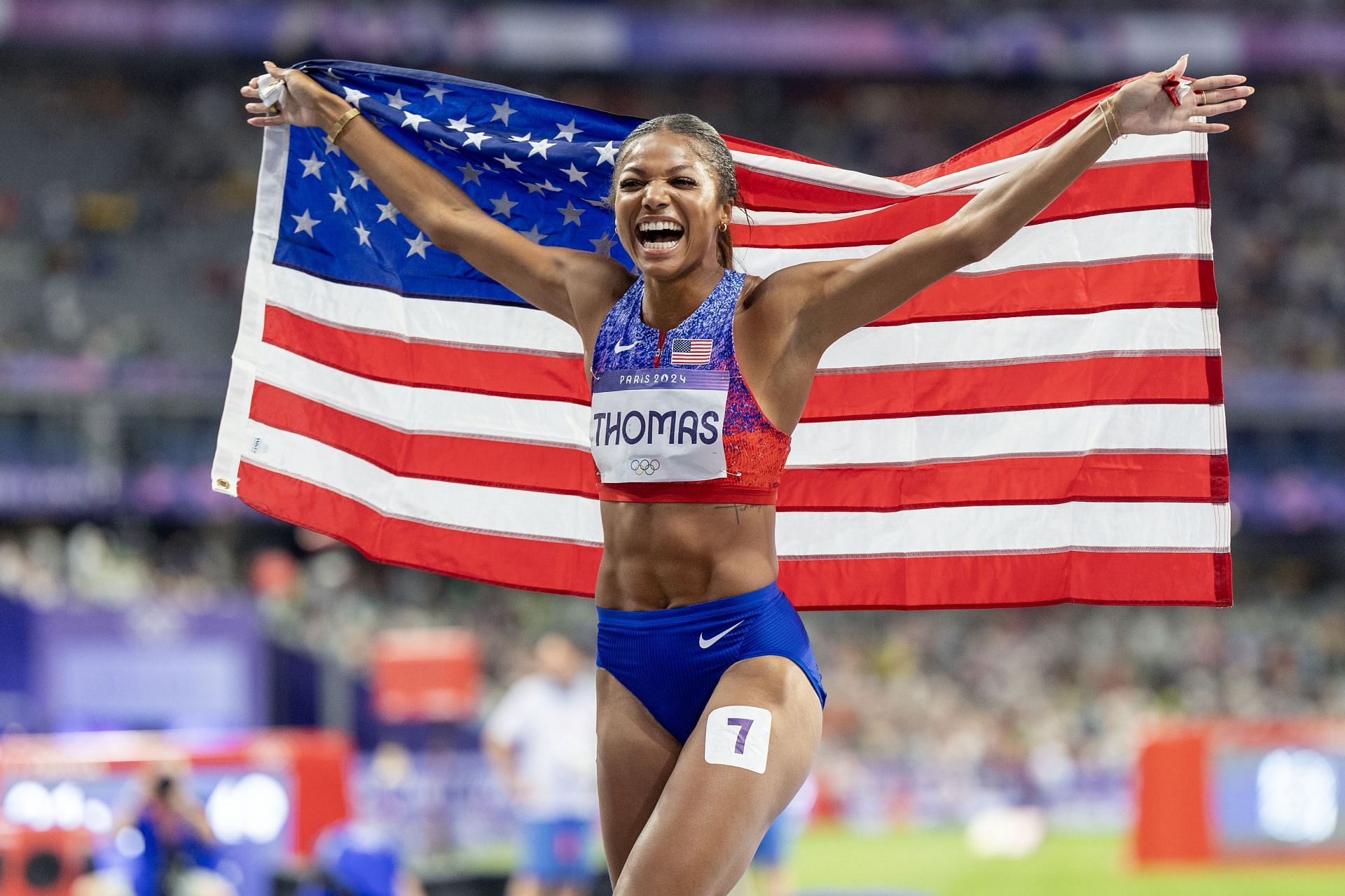 Gabby Thomas of the United States celebrates after winning the gold medal in the Women&#039;s 200m Final during the 2024 Summer Olympic Games in Paris, France. (Photo via Getty Images)