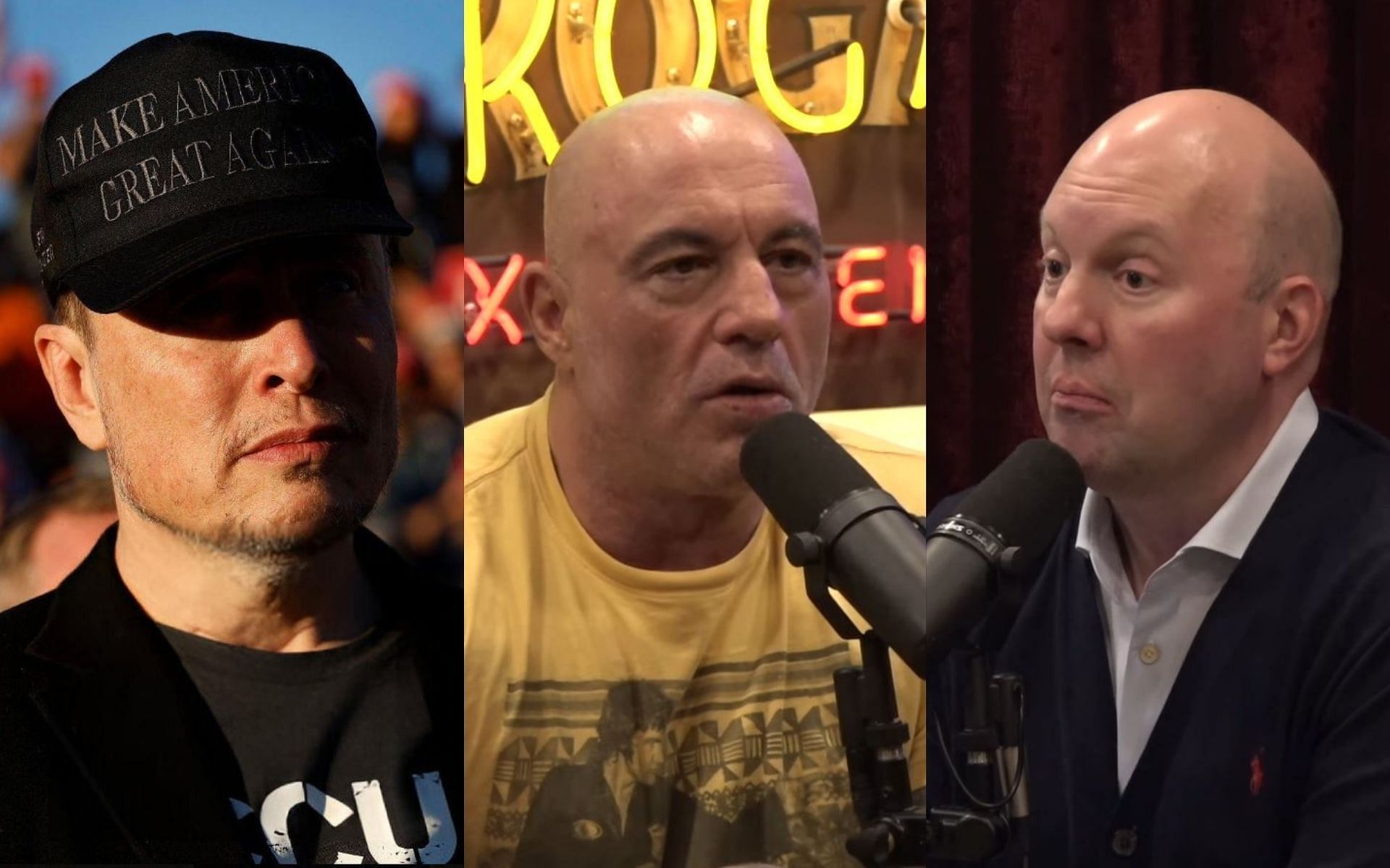 Elon Musk (left) reacts to a conversation between Joe Rogan (middle) and Marc Andreessen (right). [Image credit: @elonmusk on X, Joe Rogan Experience on YouTube]