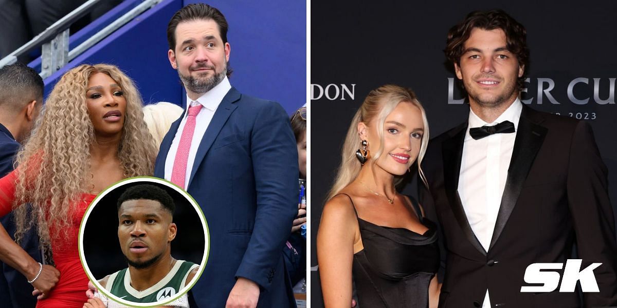 (Left to Right) Serena Williams and husband Alexis Ohanian, Giannis Antetokounmpo (Inset), Morgan Riddle and Taylor Fritz (Image source: Getty)