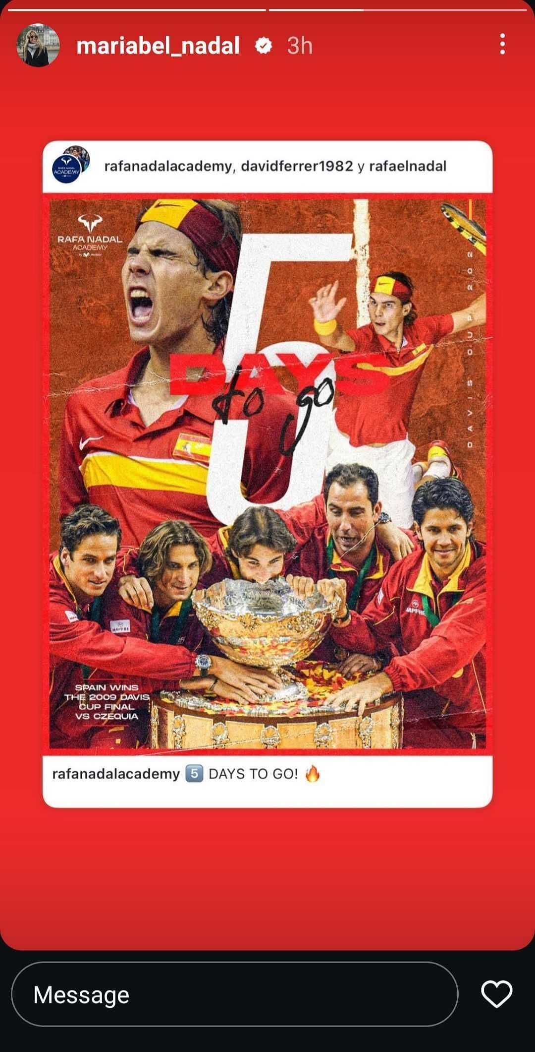 Maribel Nadal&#039;s Instagram Story featuring images of Nadal and the Spanish contingent from their 2009 Davis Cup title triumph (Source: Instagram/Maribel Nadal)