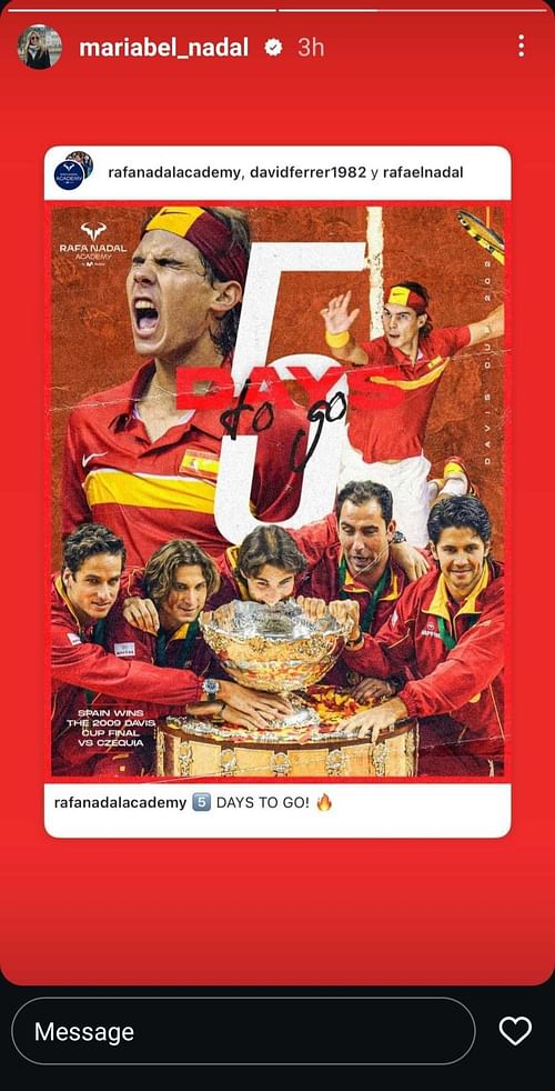 Maribel Nadal's Instagram Story featuring images of Nadal and the Spanish contingent from their 2009 Davis Cup title triumph (Source: Instagram/Maribel Nadal)