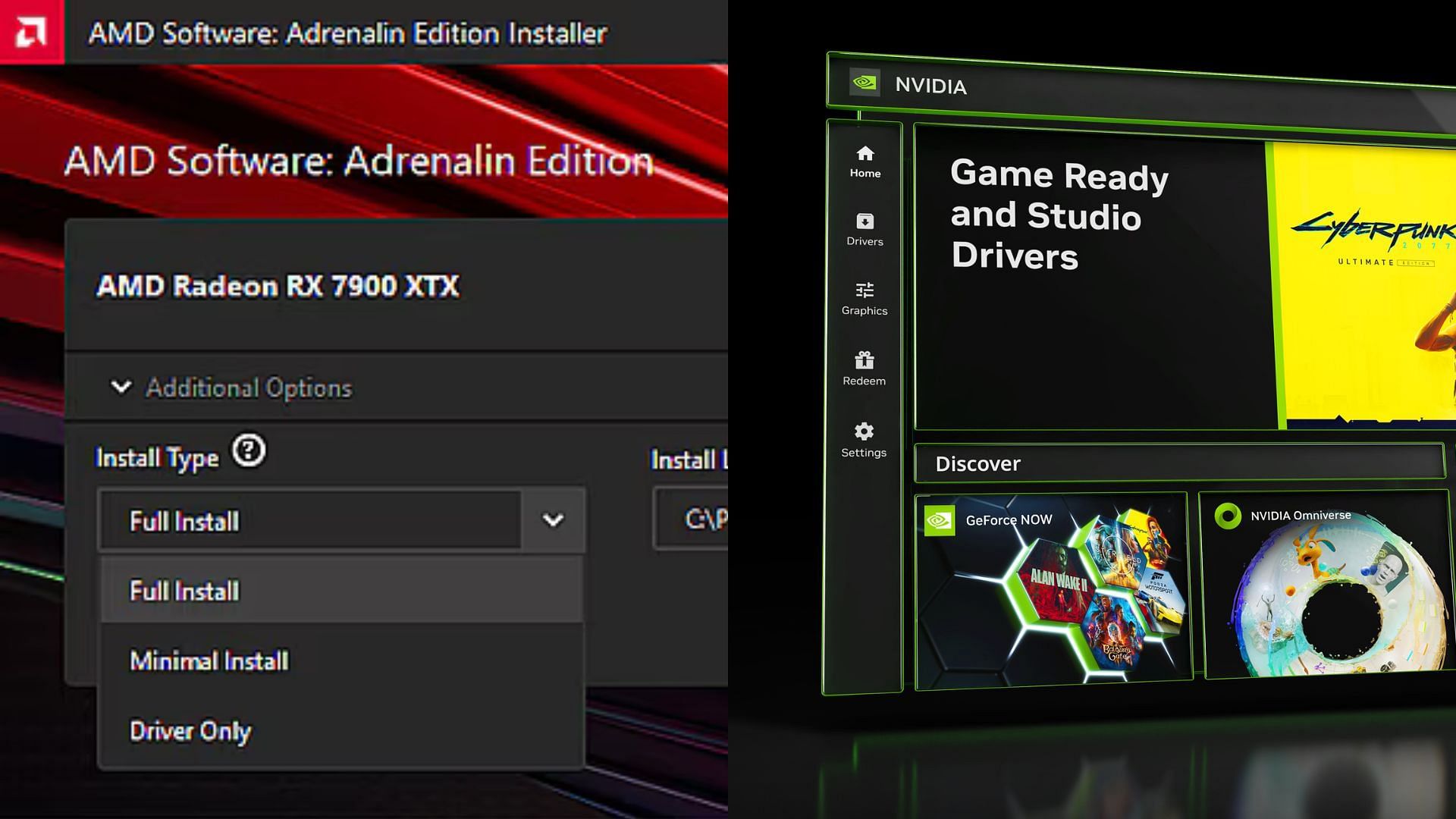 NVIDIA GeForce Experience / AMD Radeon Software (Image via AMD and NVIDIA)