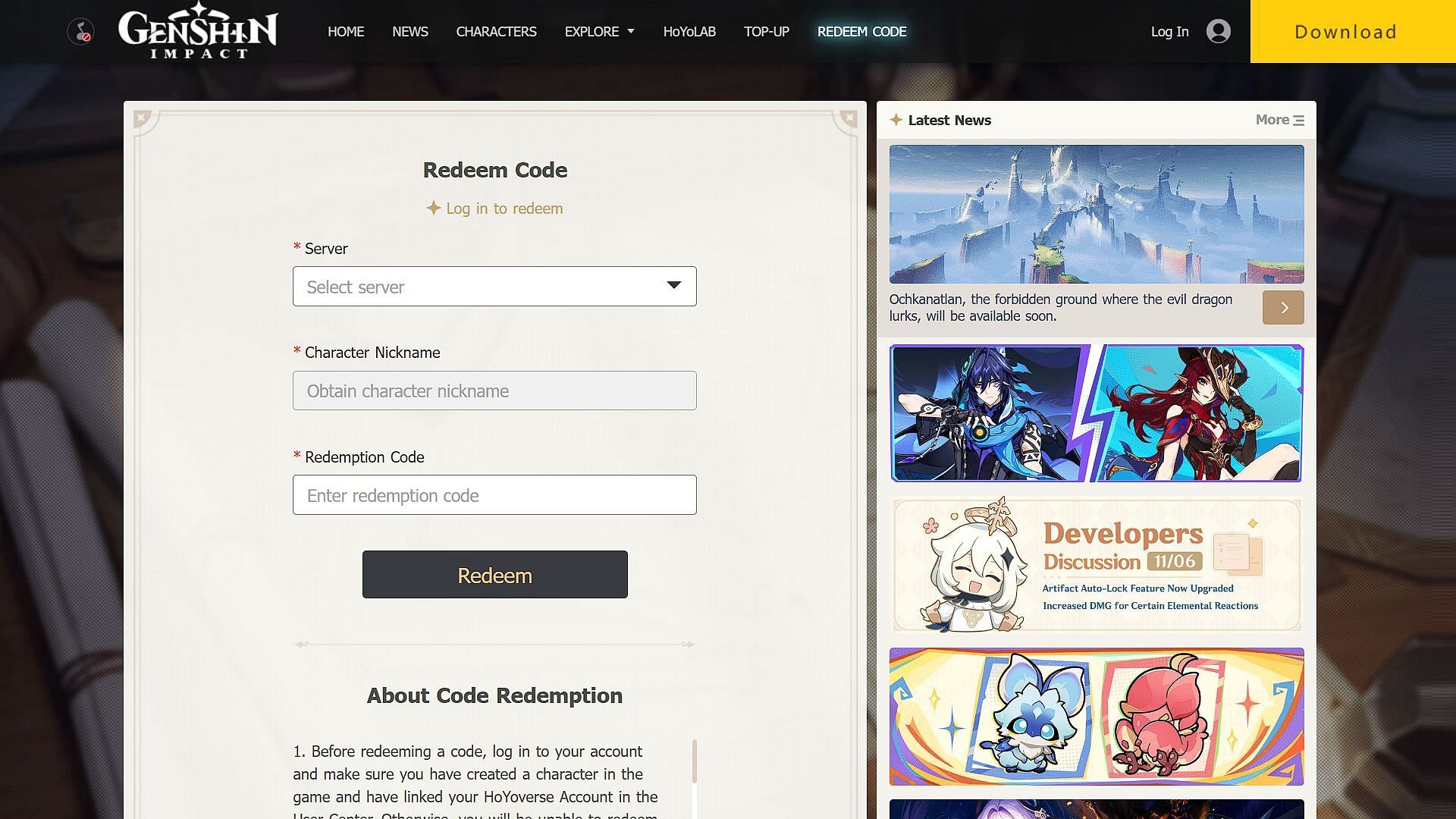 Redeeming the code on the official website (Image via HoYoverse)