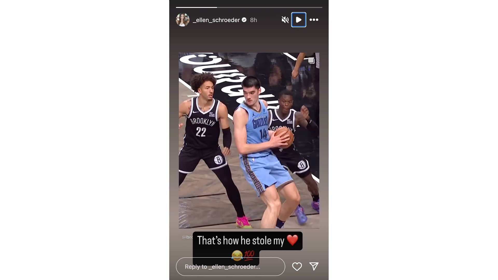 Ellen Schroder posts a clip of her husband Dennis Schroder stealing the ball from Zach Edey. Photo Credit: Ellen Schroder IG account