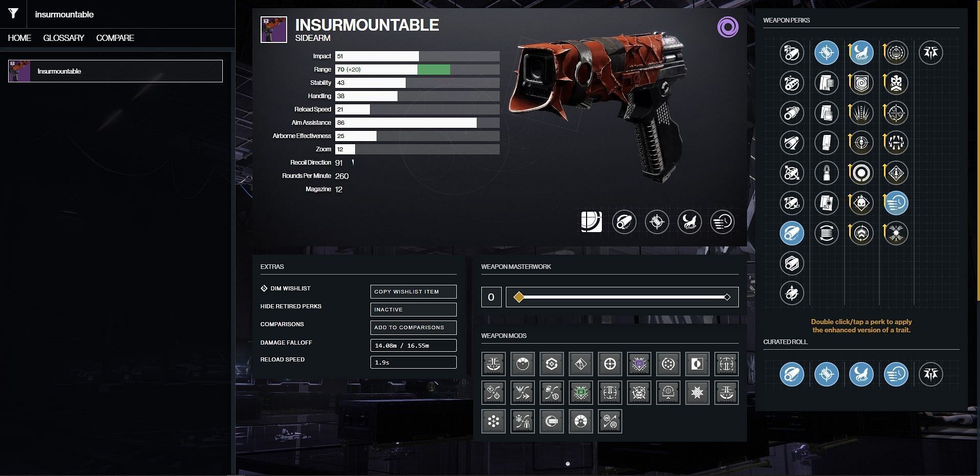 Insurmountable PvP god roll (Image via Bungie/D2Gunsmith)