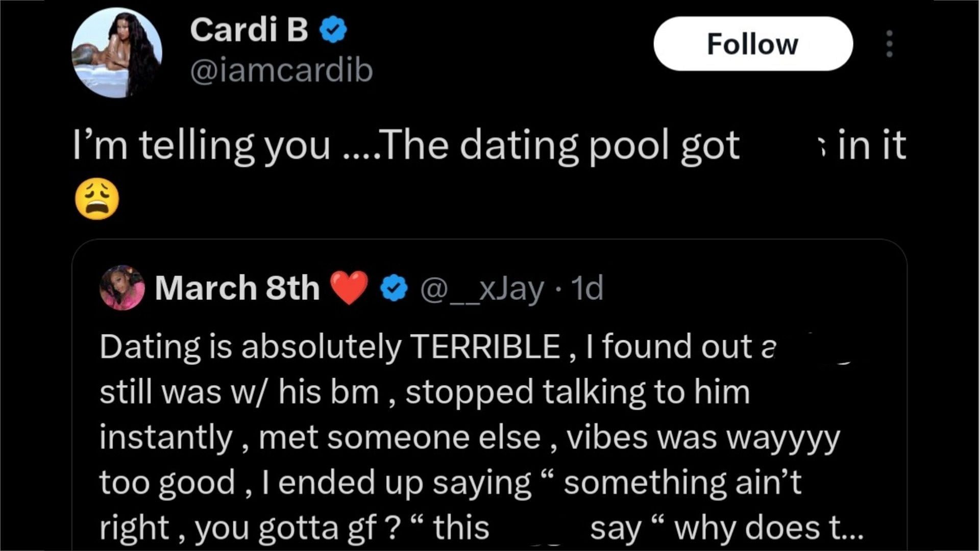 Cardi B talks about her dating life (Image via X/@iamcardib and @__xJay)