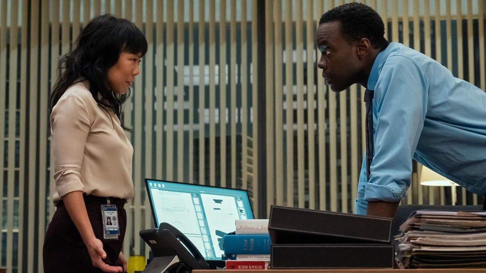 An image of a tense exchange between Eidra and Stuart in the political drama series (Image via Instagram/atoessandoh)