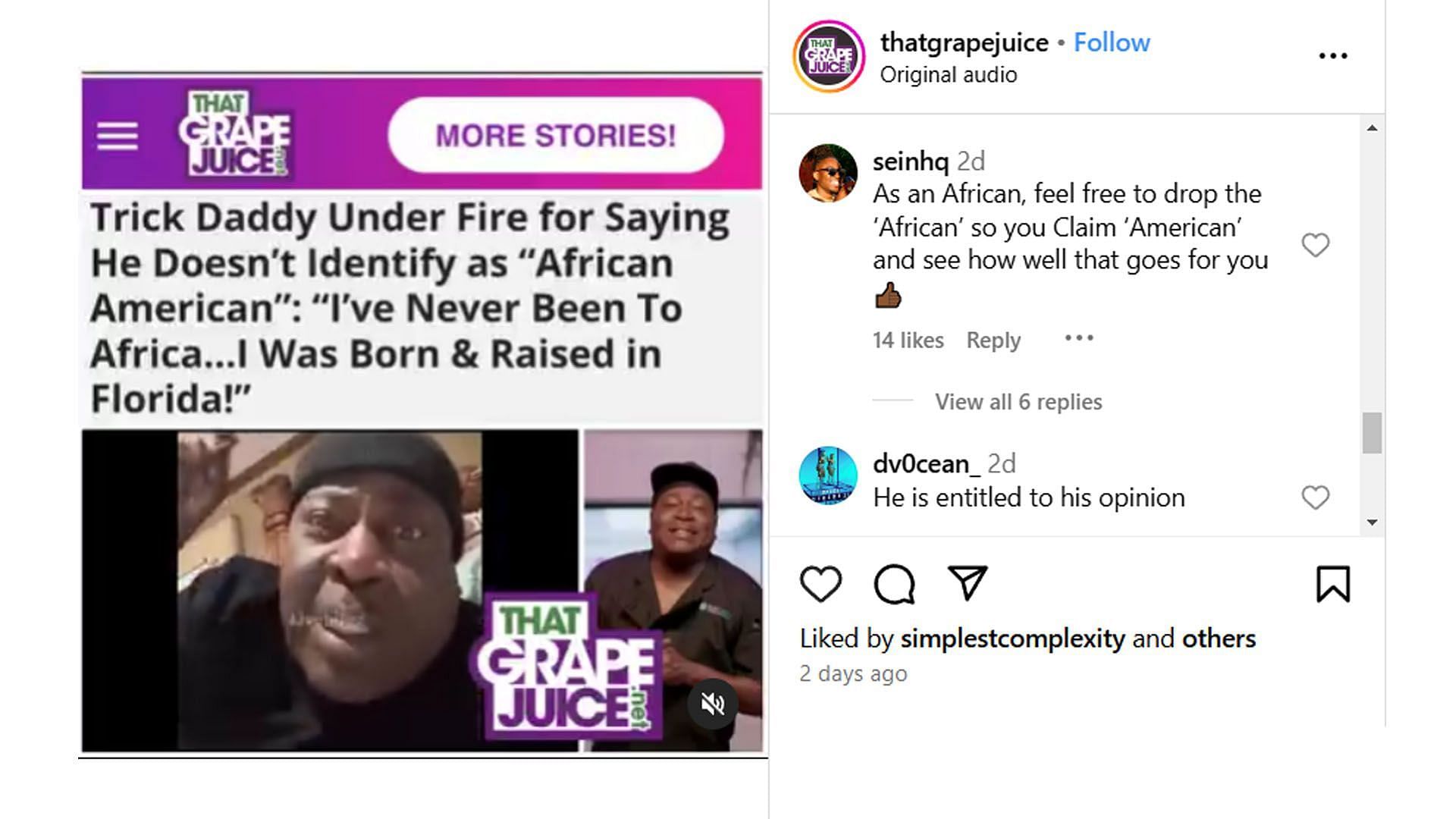 Comments reacting to the rapper&#039;s comments. (Image via Instagram/ @thegrapejuice)